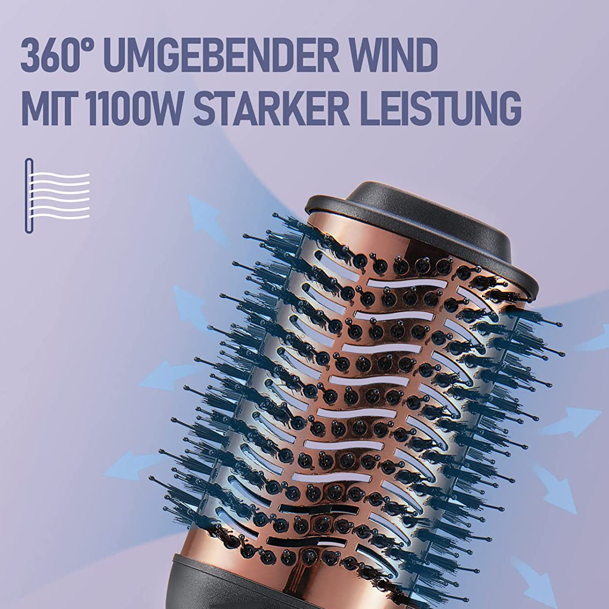 Haarstyling-Tool mit Kupfer- und schwarzen Komponenten. Blaue Pfeile zeigen den Luftstrom an. Text: 360° umlaufender Wind mit starker Leistung.