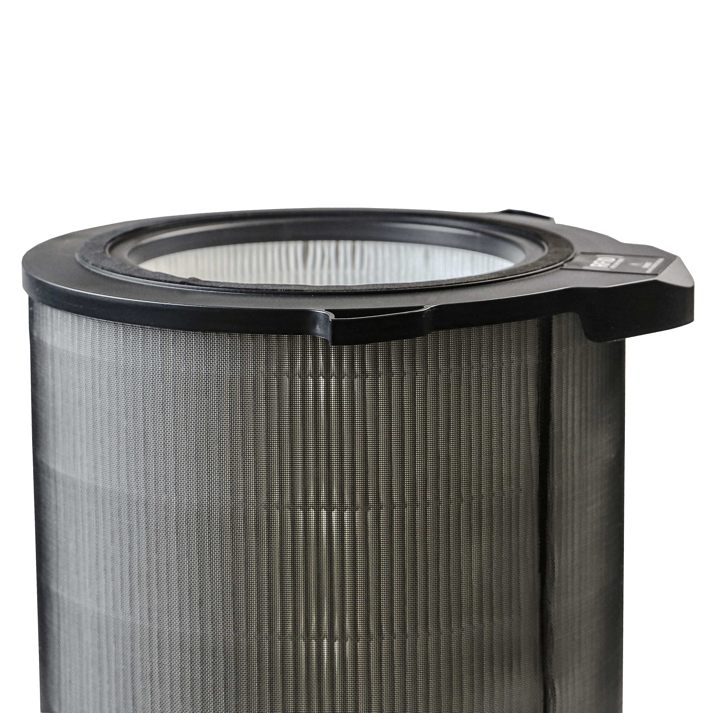 Nahaufnahme eines zylindrischen Luftfilters. Es hat einen schwarzen Rahmen und ein Gitter mit einem weißen Filter.