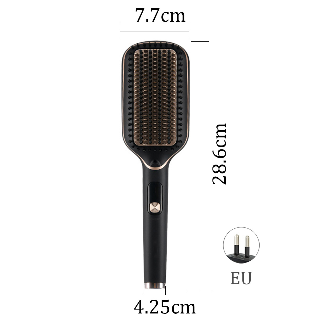 Eine schwarze und goldene Haarglättungsbürste wird gezeigt. Die Abmessungen sind angegeben: 7,7 cm breit, 28,6 cm lang und 4,25 cm Basis. Ein EU-Stecker wird ebenfalls angezeigt.