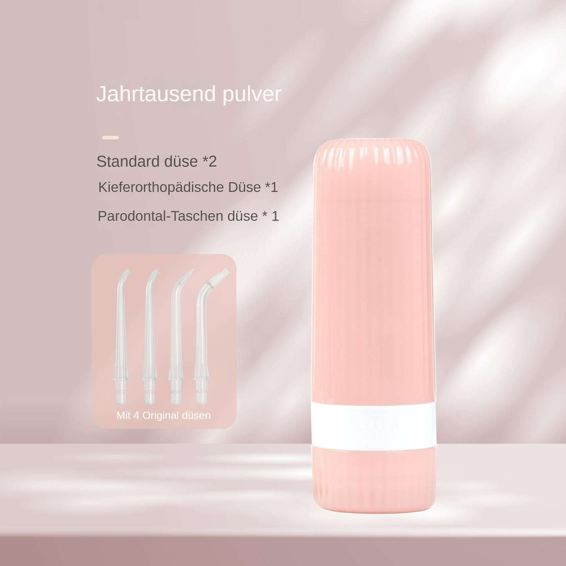Ein rosa Zahn-Wasser-Flosser mit vier Düsen. Text auf Deutsch zeigt die Produktmerkmale und Teile.