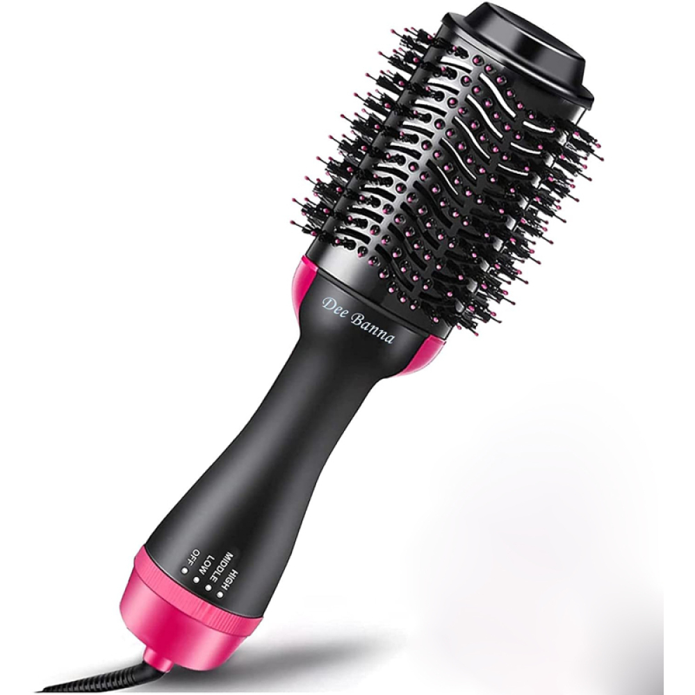 Eine schwarz-rosa Haartrocknerbürste. Der Bürstenkopf ist zylindrisch mit Borsten. Der Griff hat Leistungseinstellungen und den Markennamen 'Dee Banna'.