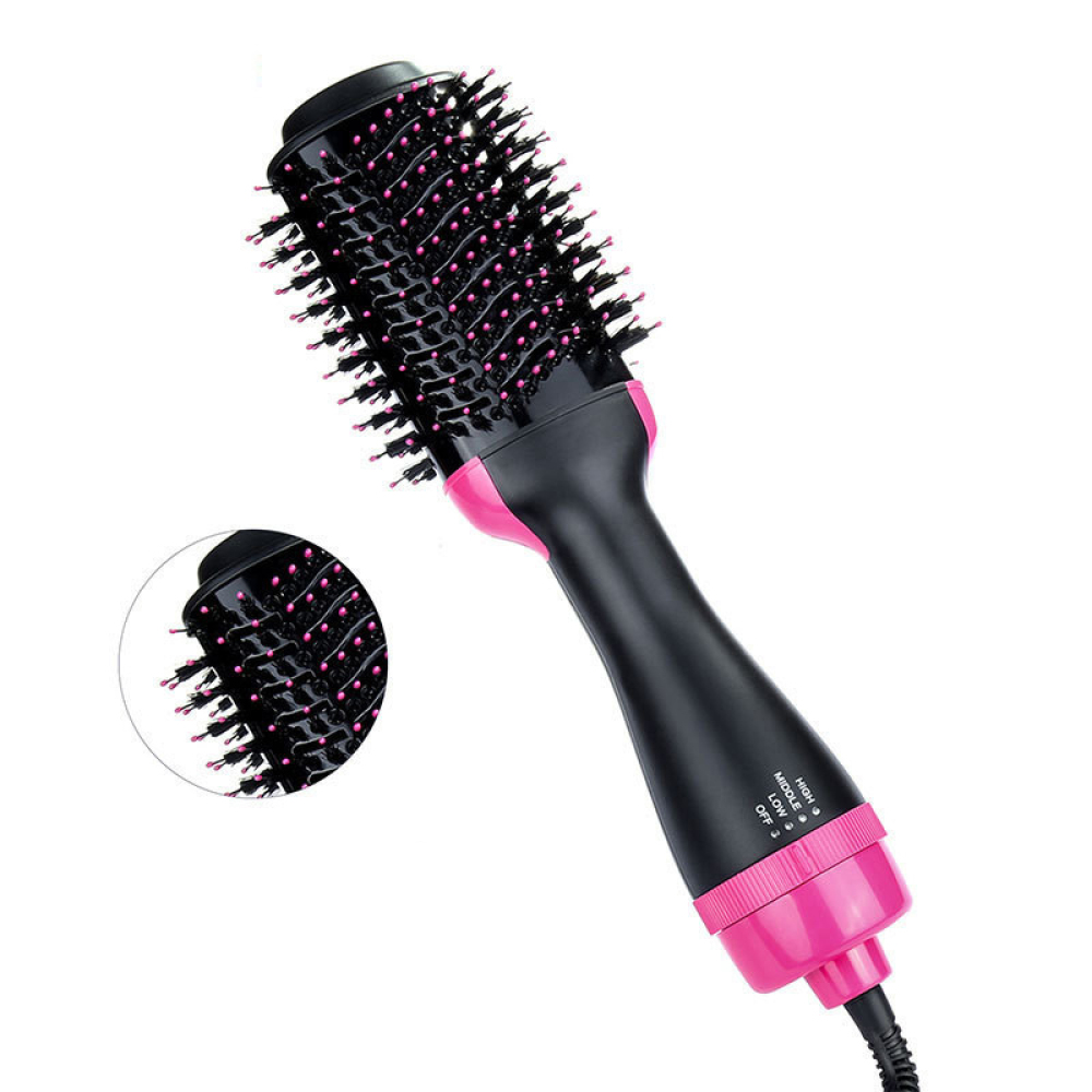 Eine schwarz-rosa Haartrocknerbürste mit rundem Bürstenkopf. Sie hat einen Griff mit Einstellungen und ein Netzkabel.