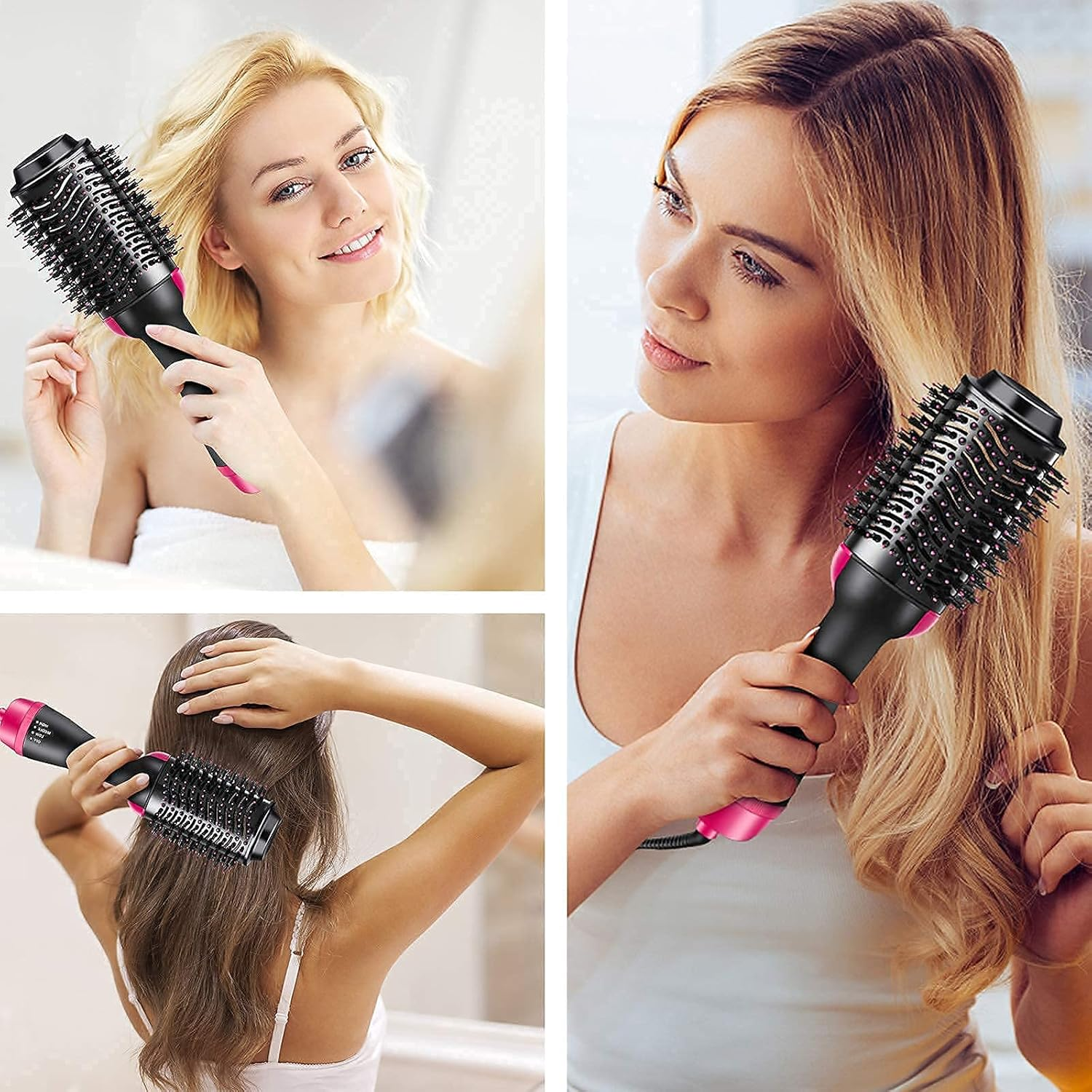 Frauen benutzen eine Haartrocknerbürste. Blond- und braunhaarige Frauen stylen ihr Haar mit dem Gerät.