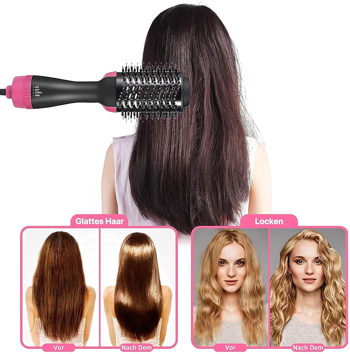 Eine Frau benutzt eine Haartrocknerbürste. Vergleichsbilder zeigen Ergebnisse mit glattem und lockigem Haar. Das Produkt ist rosa und schwarz.