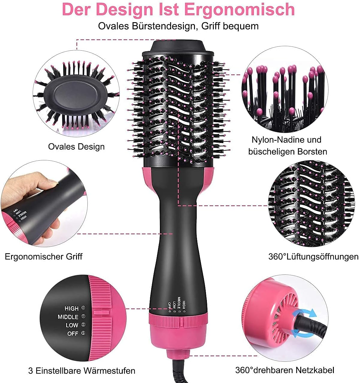 Haartrocknerbürste. Schwarz und pink, mit ergonomischem Griff und einstellbaren Heizstufen. Enthält ovales Design und 360° drehbares Kabel.