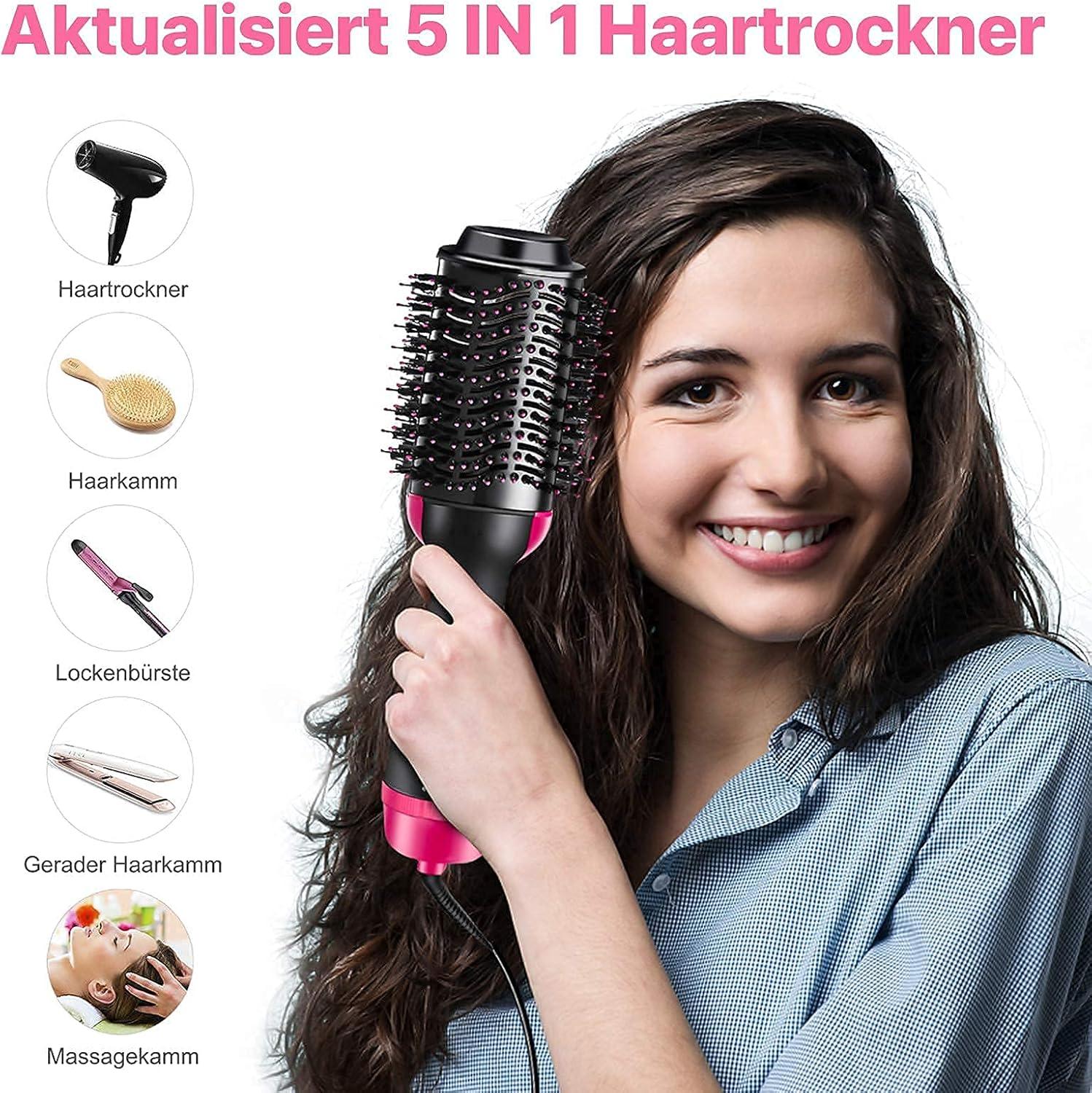Eine Frau lächelt und hält einen 5-in-1-Haartrockner. Das Bild zeigt den Trockner und andere Haarwerkzeuge. Auch Text auf Deutsch ist vorhanden.