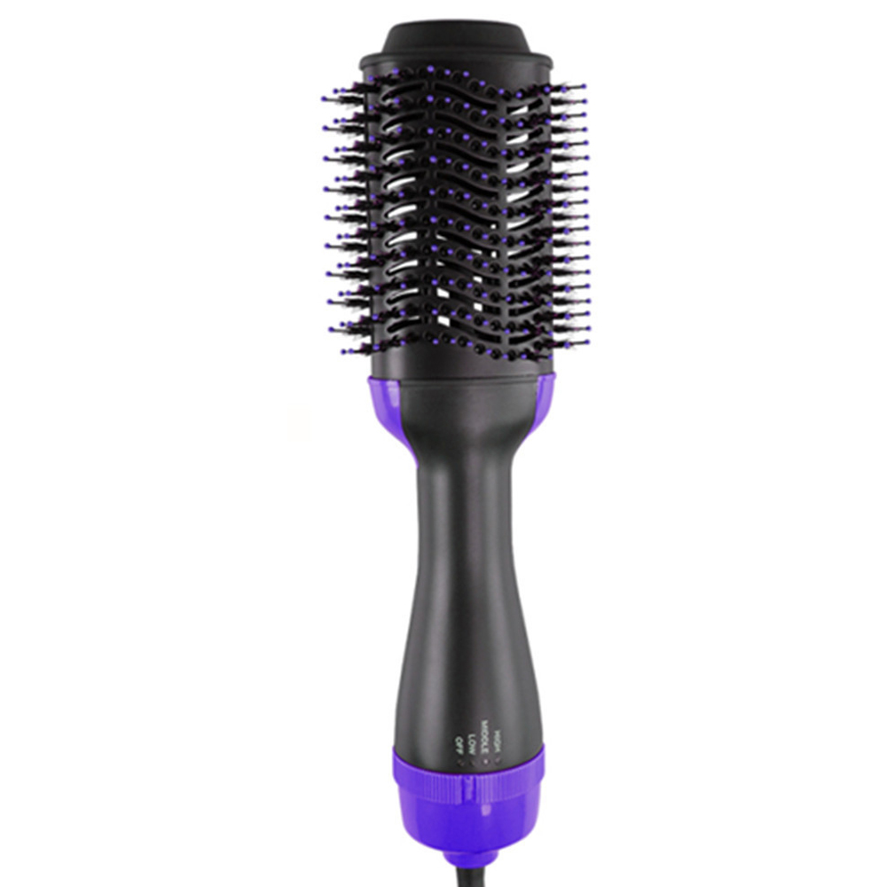 Eine schwarz-violette Haartrocknerbürste. Der Bürstenkopf ist zylindrisch mit Borsten. Der Griff hat Einstellungen für hoch, mittel, niedrig und aus.