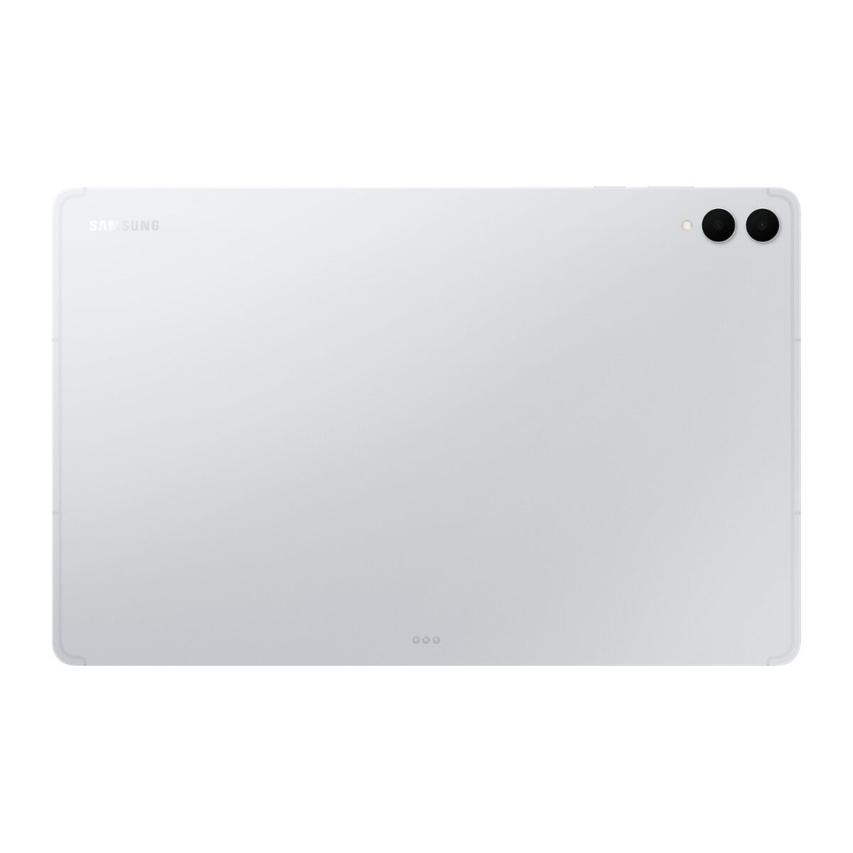 Achteraanzicht van een witte Samsung-tablet. Het heeft een cameramodule met twee lenzen en een enkele lens. Het Samsung-logo is zichtbaar.