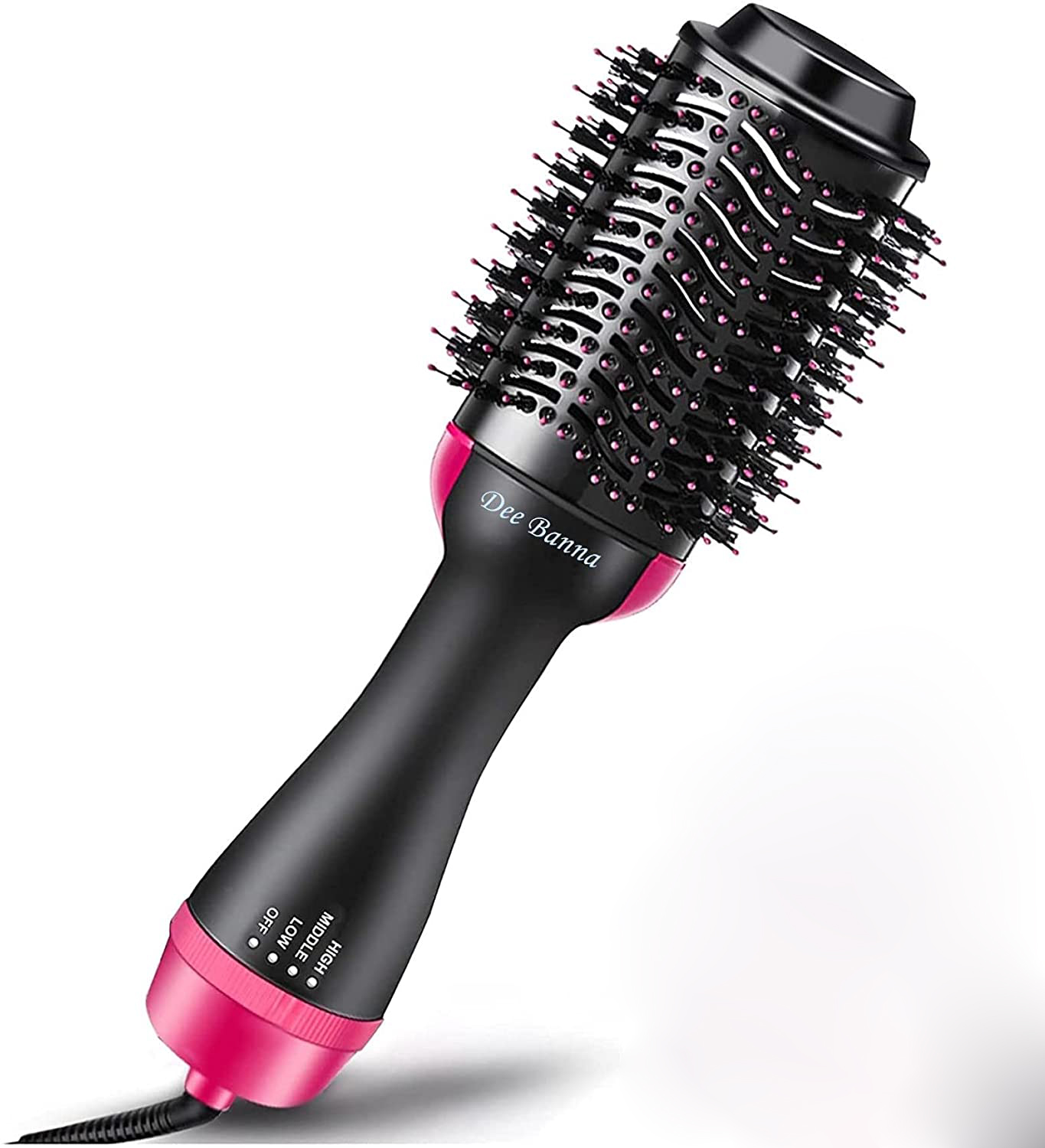 Eine schwarz-rosa Haartrocknerbürste. Der Bürstenkopf ist zylindrisch mit schwarzen Borsten und rosa Spitzen. Der Griff hat Leistungseinstellungen.