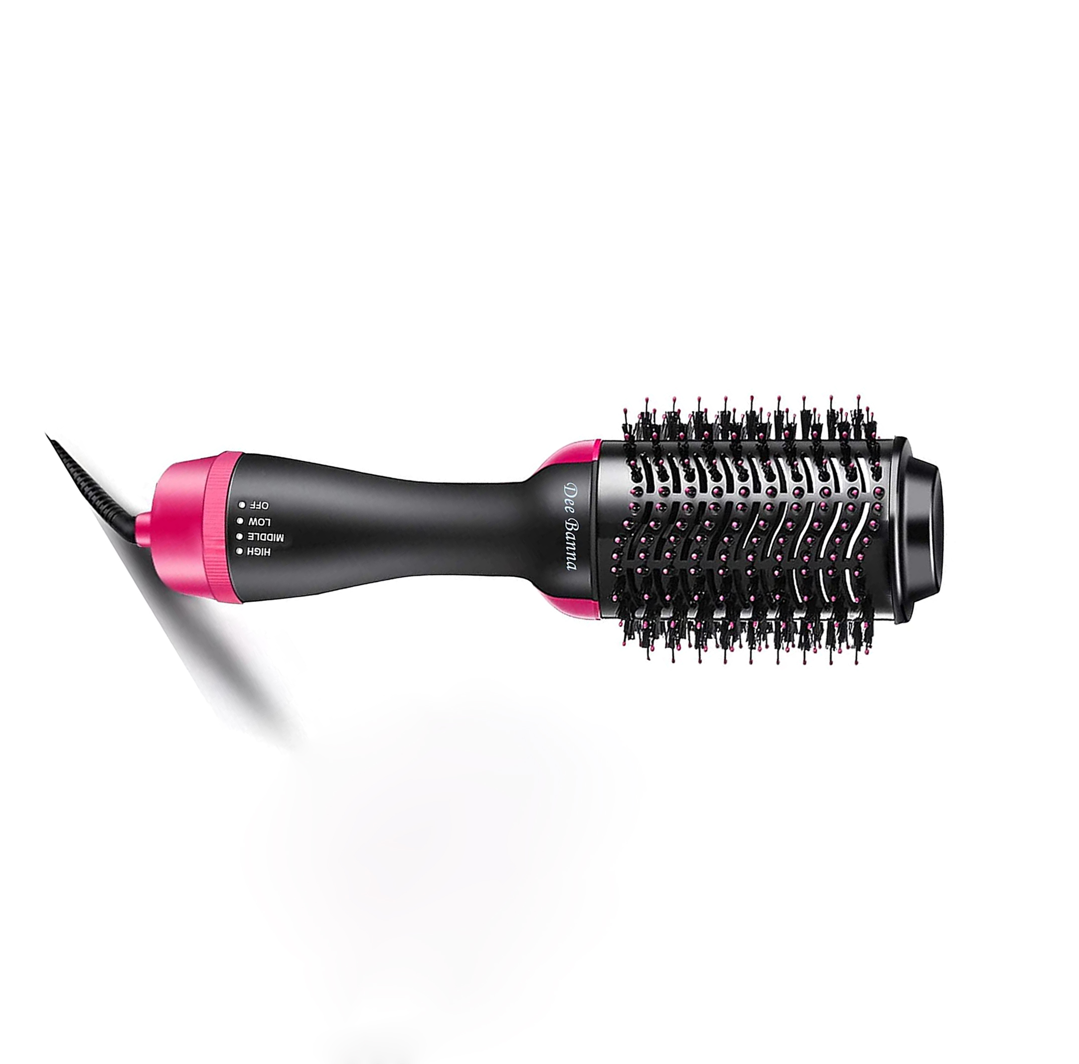 Eine schwarz-rosa Haartrocknerbürste mit Kabel auf weißem Hintergrund. Es steht 'Dee Banna' drauf.