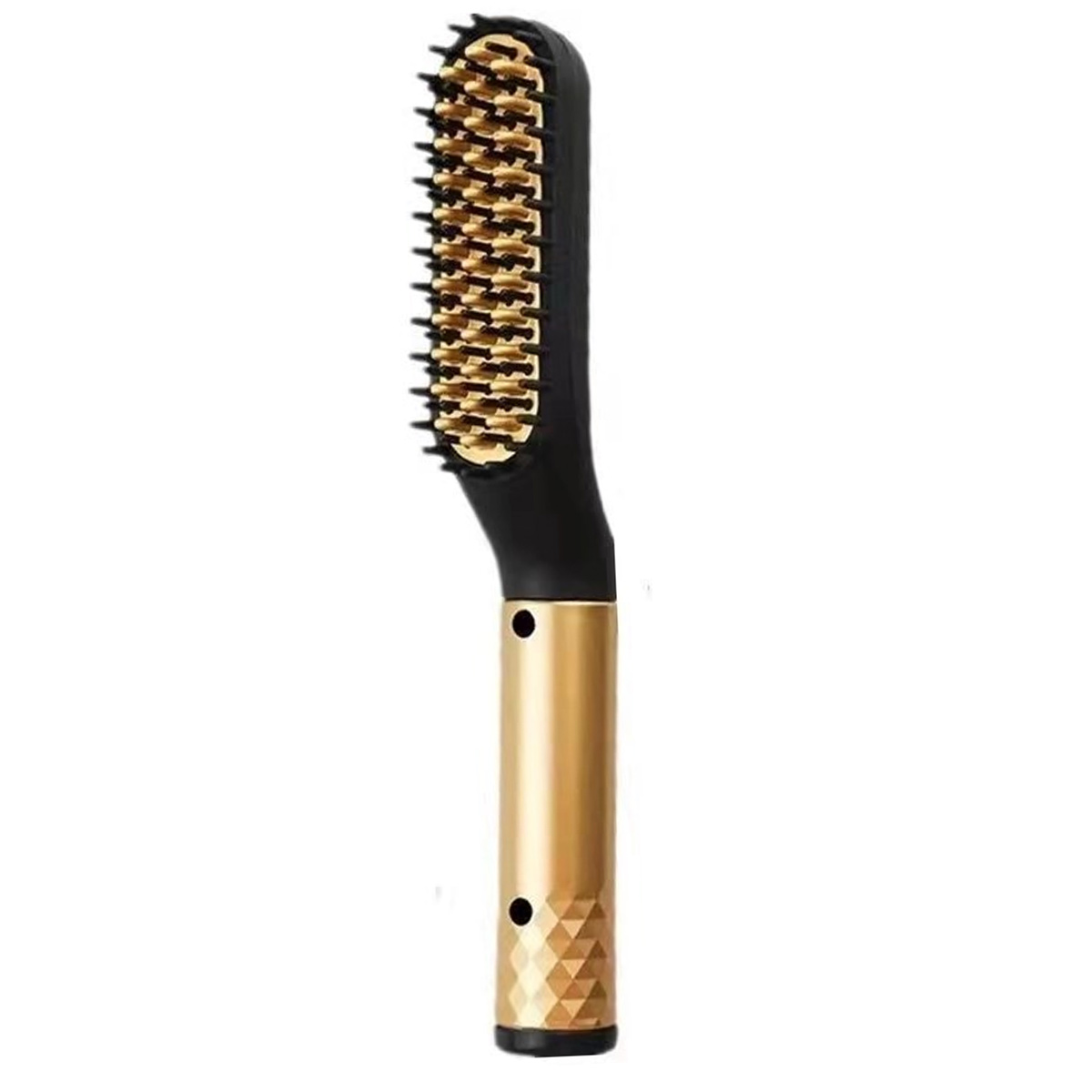 Eine schwarze und goldene Haarglättungsbürste wird vor einem weißen Hintergrund gezeigt. Der Kamm hat goldene Borsten und einen Griff.