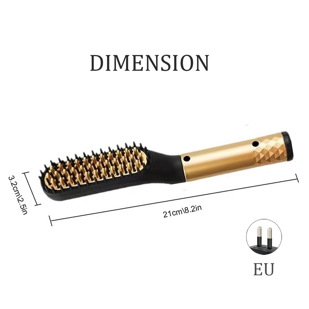 Eine Haarglättungsbürste mit schwarzer Basis und goldenem Griff. Maße und EU-Stecker sind ebenfalls abgebildet.