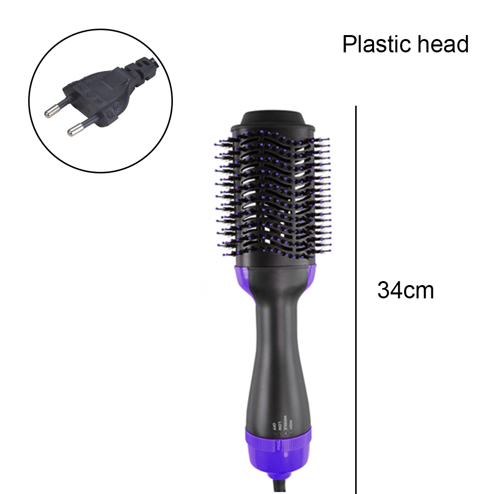 Eine schwarz-violette Haartrocknerbürste mit Stecker in einem Kreis. Die Bürste ist 34 cm lang.