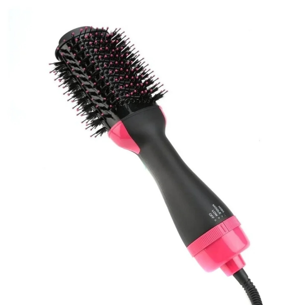 Eine schwarz-rosa Haartrocknerbürste auf weißem Hintergrund. Der Bürstenkopf ist schwarz mit rosa Borsten. Es hat einen schwarzen Griff.