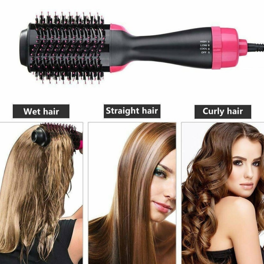Haarstyling-Tool mit Beispielen für nasses, glattes und lockiges Haar. Das Werkzeug ist schwarz mit rosa Akzenten, und drei Frauen sind zu sehen.