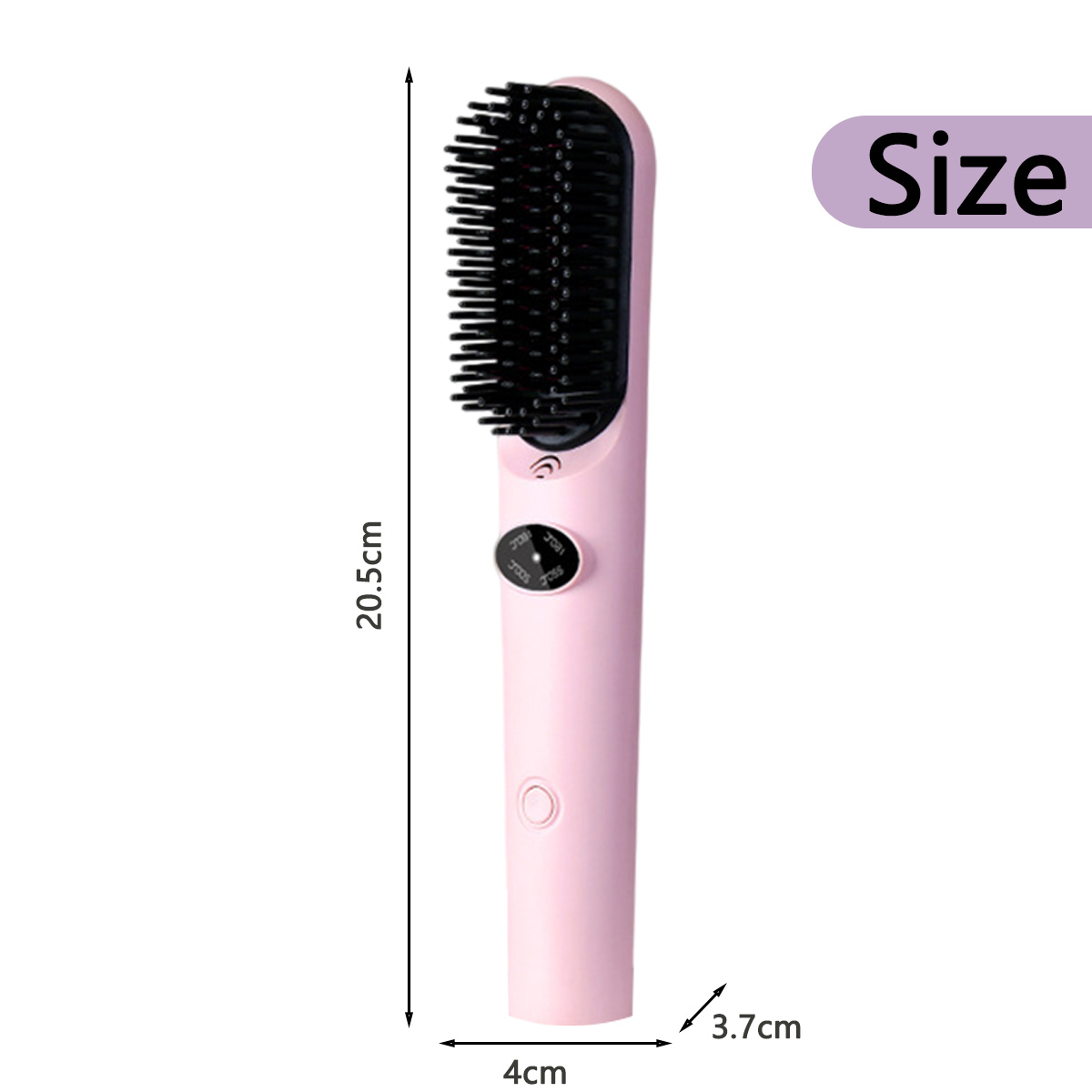 Eine rosa Haarglättungsbürste mit schwarzen Borsten. Abmessungen: 20,5 cm lang, 4 cm breit und 3,7 cm tief.