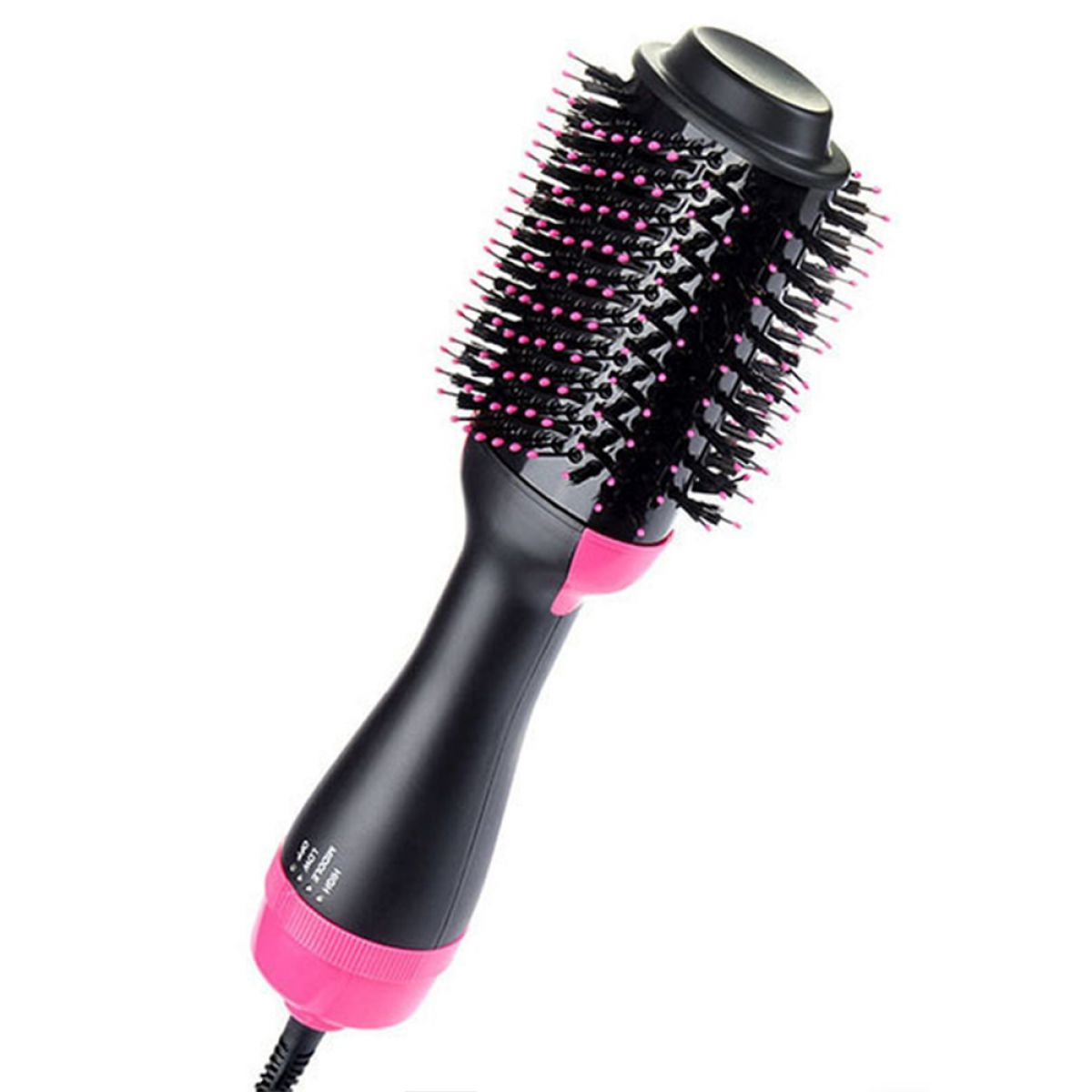 Eine schwarz-rosa Haartrocknerbürste auf weißem Hintergrund. Es hat einen abgerundeten Bürstenkopf mit rosa Borsten.