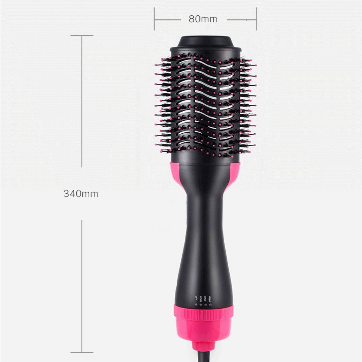 Eine schwarz-rosa Haartrocknerbürste mit den Maßen: 340 mm lang, 80 mm breit. Sie hat Borsten und Heizeinstellungen.