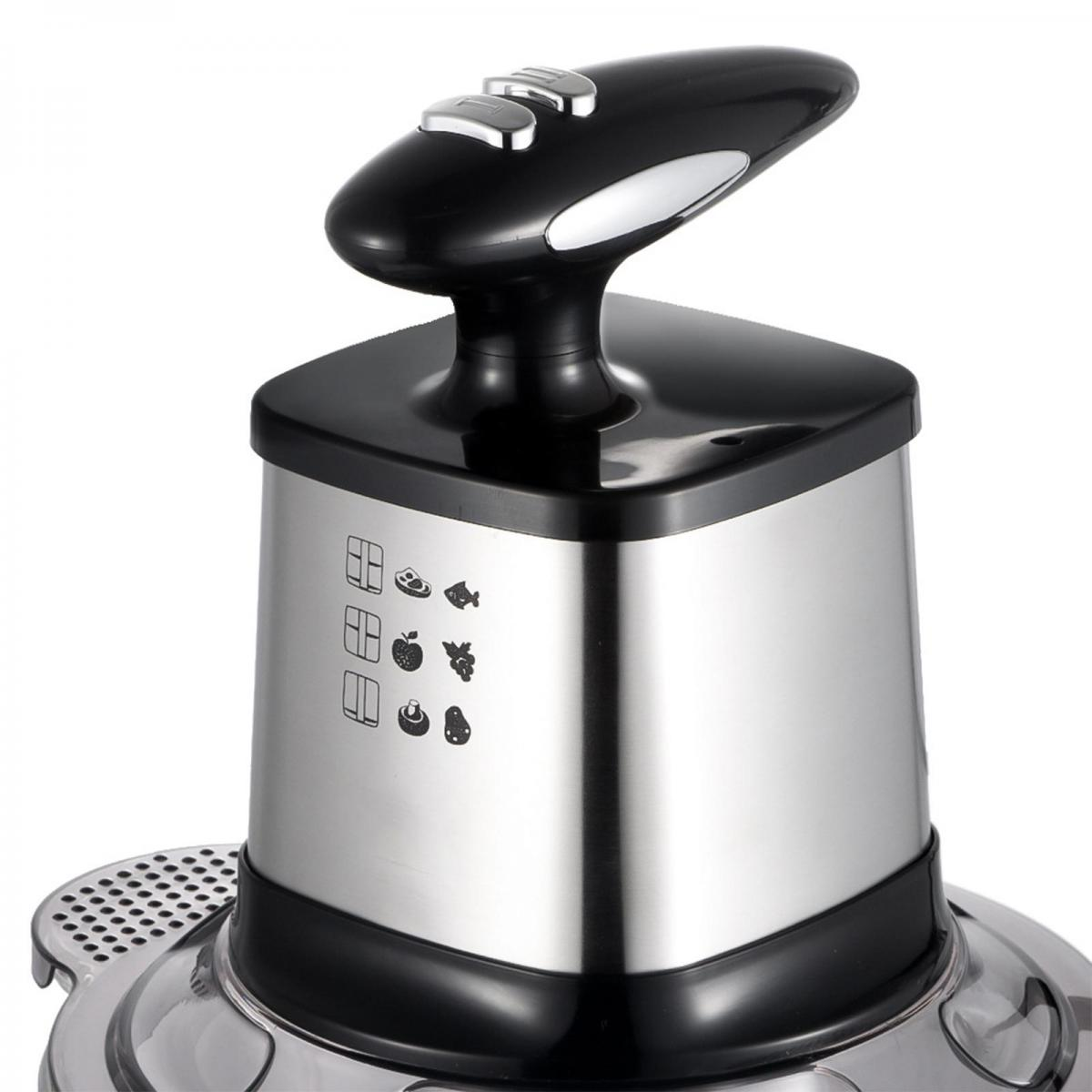 Nahaufnahme eines Küchenmixers mit schwarzem Griff und Knöpfen. Der Körper ist aus Edelstahl mit Essenssymbolen.
