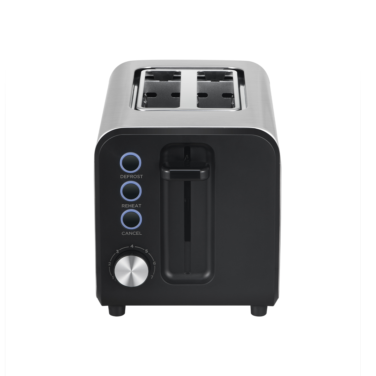 Ein schwarz-silberner Toaster mit vier Schlitzen. Er hat Tasten zum Auftauen, Aufwärmen und Abbrechen sowie einen nummerierten Bräunungsregler.