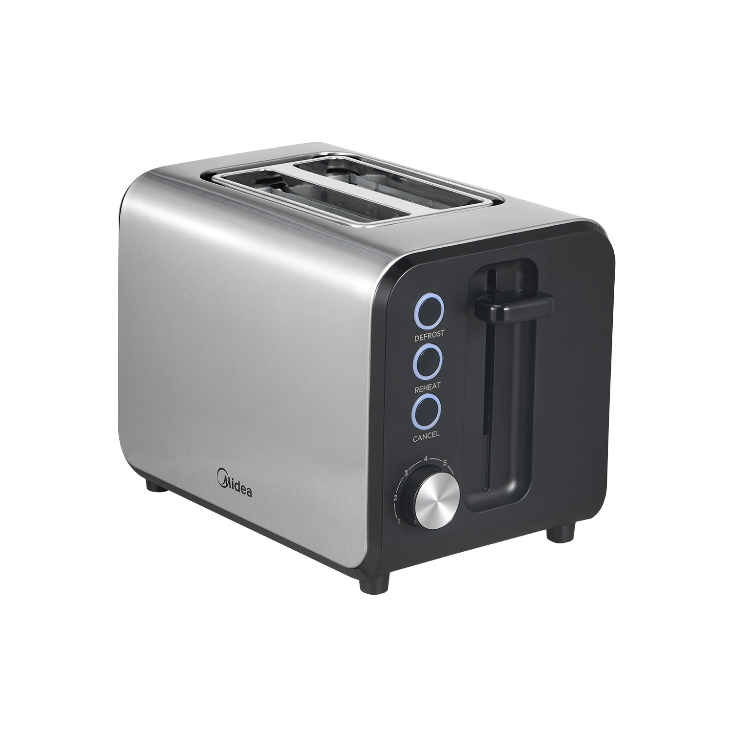 Ein silberner und schwarzer Midea-Toaster. Er hat Schlitze oben und Bedienelemente an der Vorderseite, einschließlich eines Hebels und eines Drehknopfs.