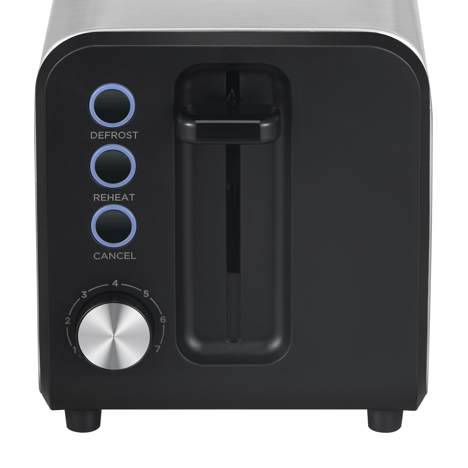 Ein schwarzer Toaster mit silberner Oberseite. Er hat Tasten zum Auftauen, Aufwärmen und Abbrechen sowie einen Drehknopf.
