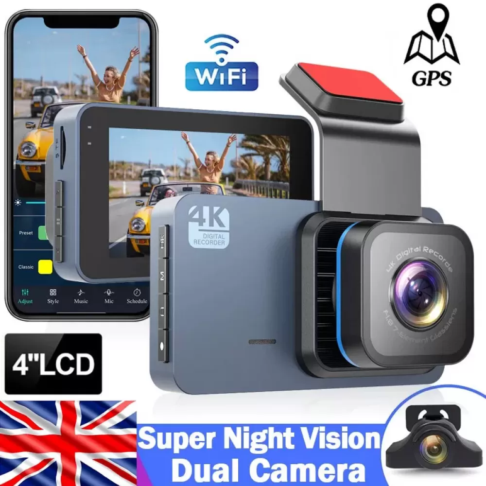 Eine Autokamera mit Bildschirm, auf dem eine Person zu sehen ist. Zu den Funktionen gehören 4K, GPS, WLAN und 'Super Night Vision Dual Camera'.