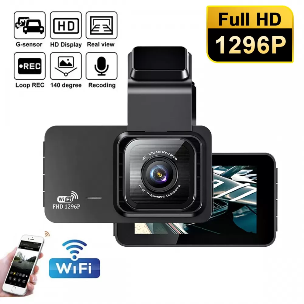 Ein schwarzes Armaturenbrett-Cam mit Bildschirm, WiFi-Logo und Smartphone. Zu den Funktionen gehören G-Sensor, HD-Anzeige und Loop-Aufnahme.