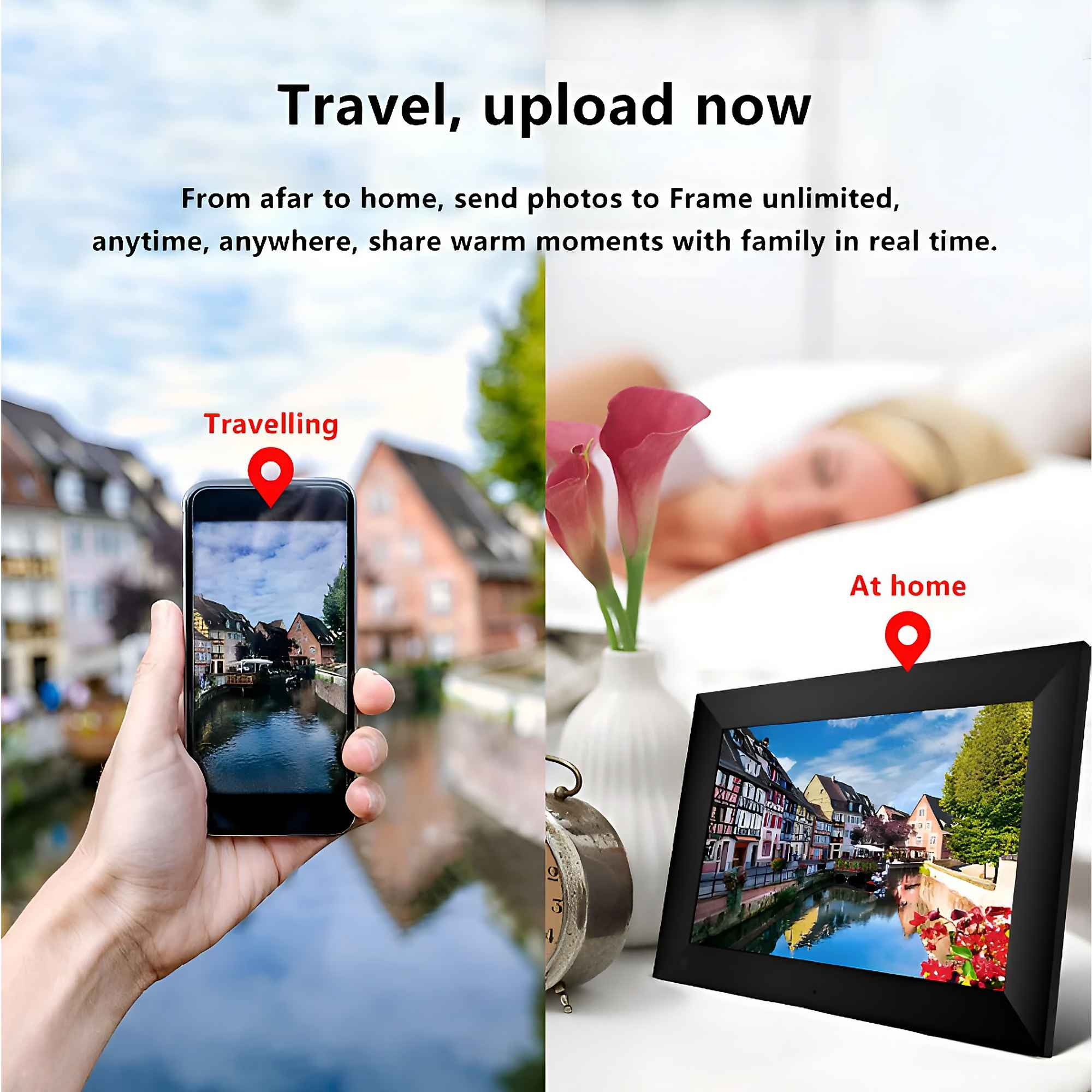 Das Bild zeigt ein Telefon mit einem Reisefoto und einen digitalen Rahmen mit demselben Foto. Text: Reisen, jetzt hochladen.