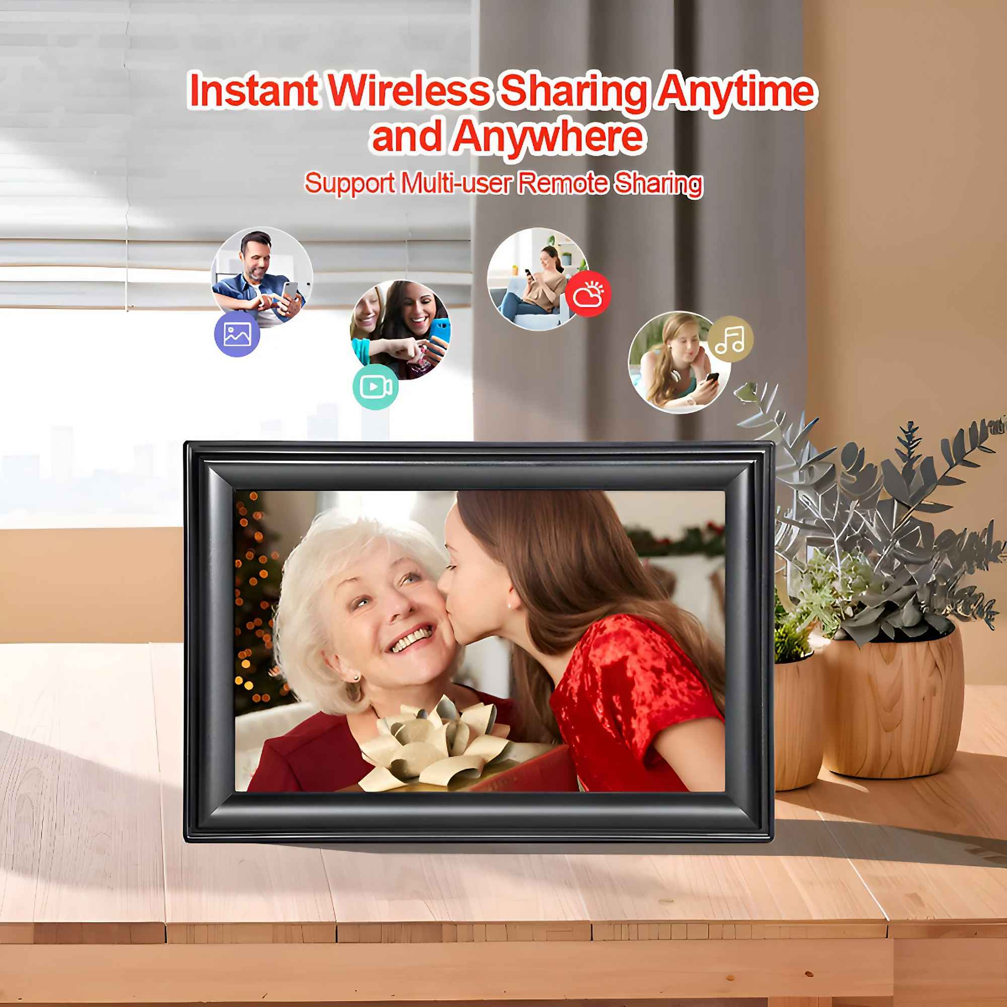 Ein Fotorahmen zeigt eine Frau, die eine ältere Frau küsst. Der Text oben lautet 'Instant Wireless Sharing'.