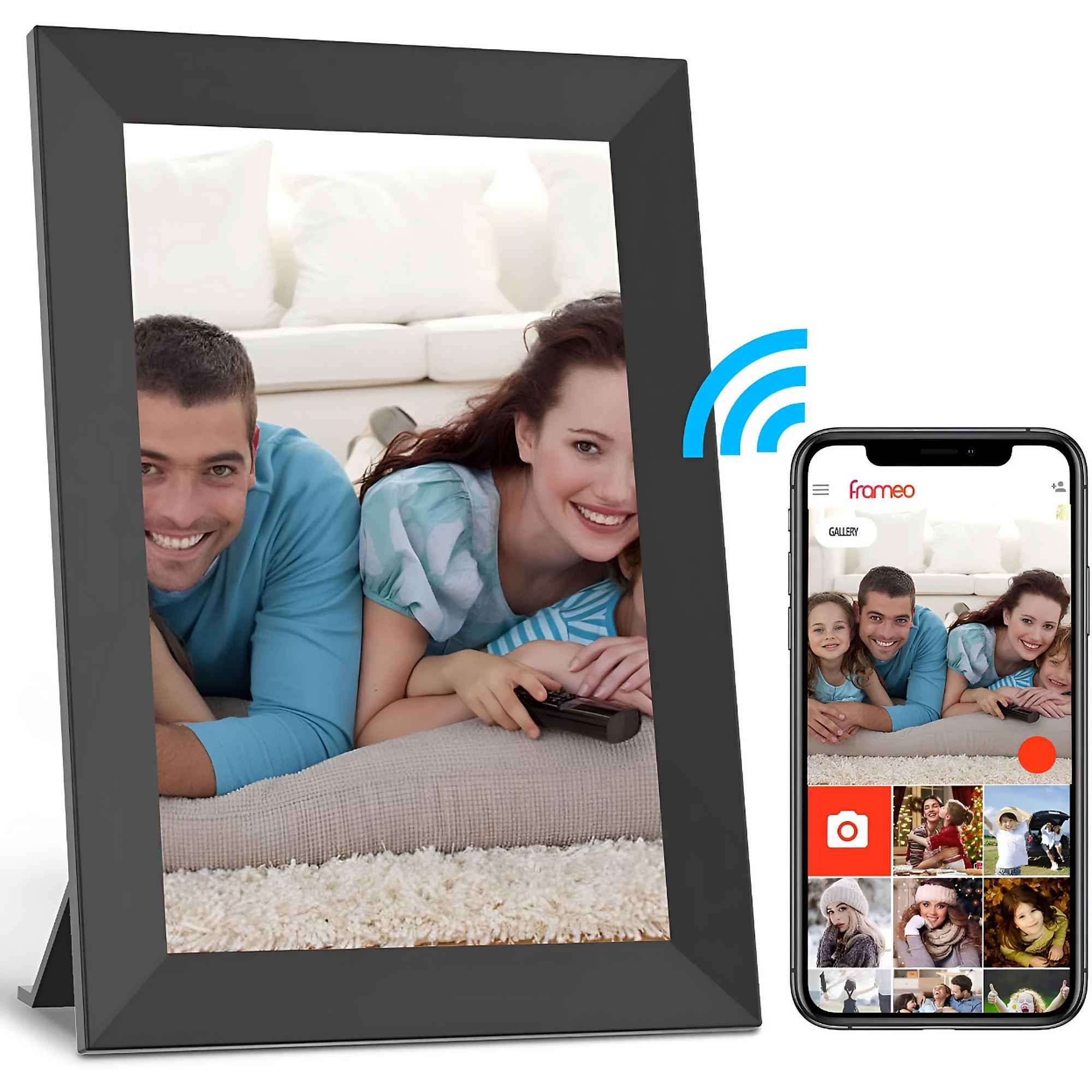 Digitaler Fotorahmen mit einem Paar, Telefon mit Familienfotos. WLAN-Signal-Symbol. Der Rahmen ist schwarz, mit einem Ständer.