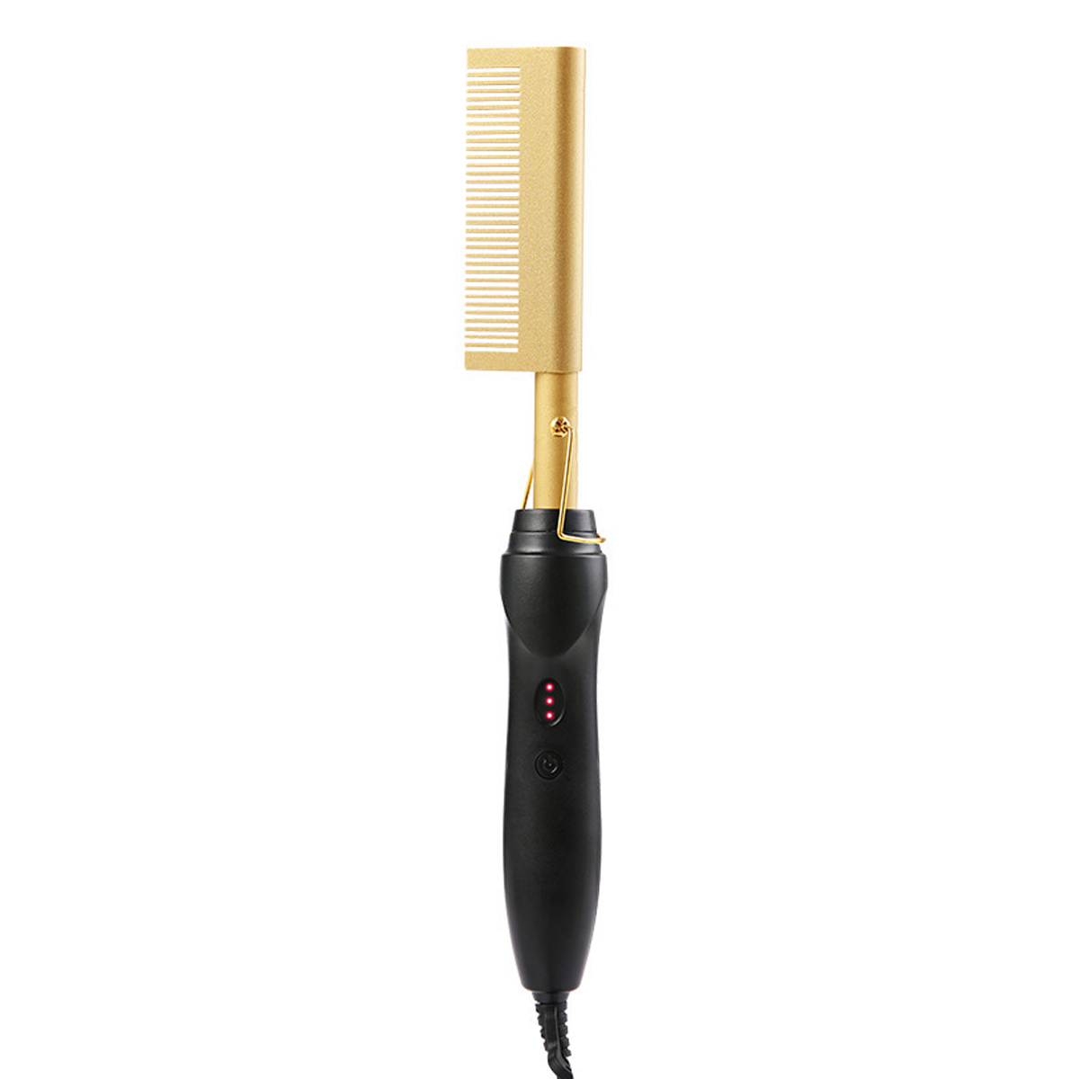 Ein goldener Kamm-Haarglätter mit schwarzem Griff, Ein-/Aus-Taste und Kontrollleuchten. Isoliert auf weißem Hintergrund.