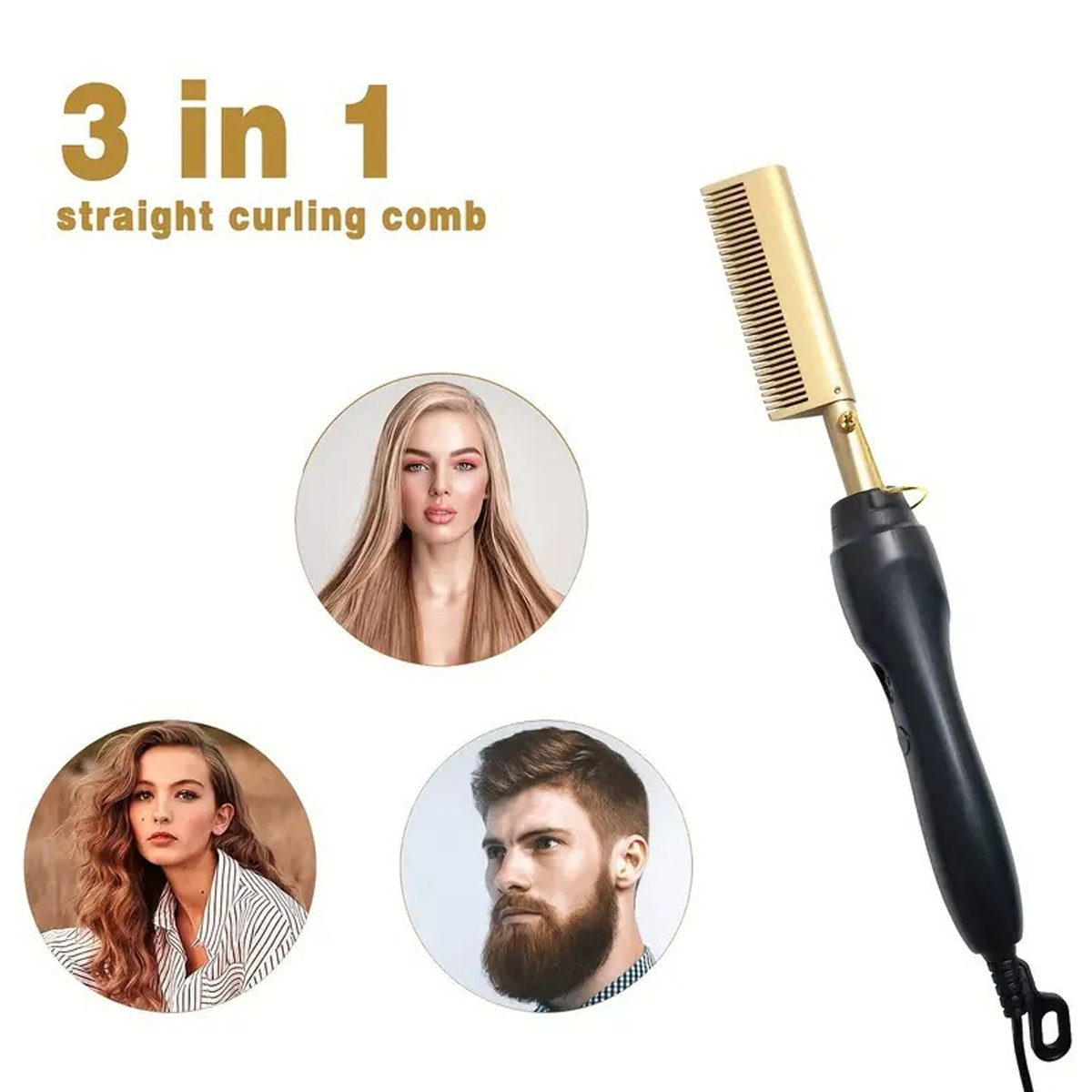 Ein 3-in-1-Haarstylingkamm. Er zeigt drei Personen mit unterschiedlichen Frisuren. Blonde Frau, welliges Haar und ein Mann mit Bart.