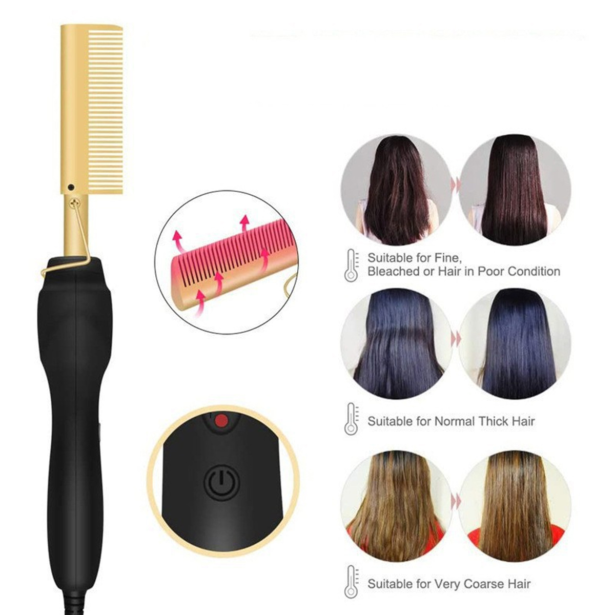 Ein Haarglätterkamm mit schwarzem Griff und goldenem Kamm. Diagramme zeigen Haare vor und nach der Anwendung und Haartypen.