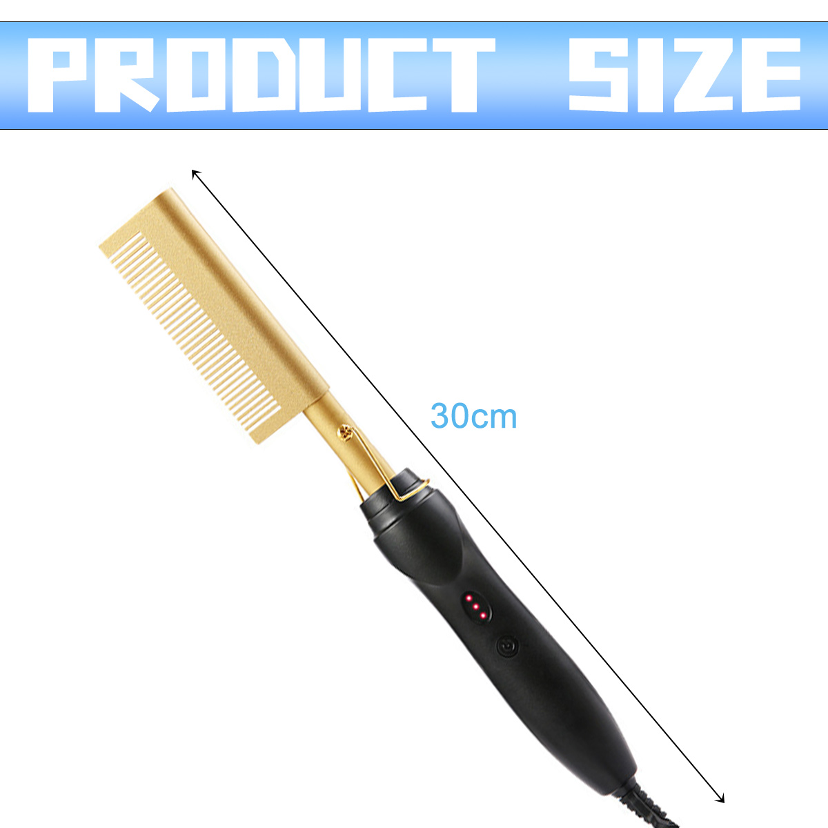 Ein goldener Kamm und ein Haarglätter mit schwarzem Griff. Die Produktgröße beträgt 30 cm. Der Hintergrund ist weiß.