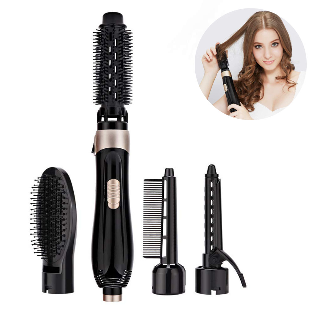 Haarstyling-Werkzeugsatz: Haupteinheit mit verschiedenen Aufsätzen und eine Frau, die eines davon benutzt. Schwarz und Gold dominieren.