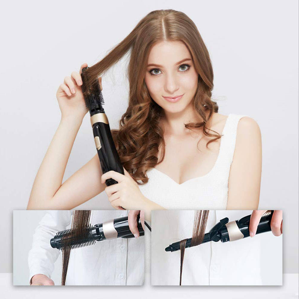 Eine Frau frisiert ihre Haare mit einem schwarz-goldenen Haarstyler. Zwei kleinere Bilder zeigen Nahaufnahmen des Styling-Tools im Gebrauch.
