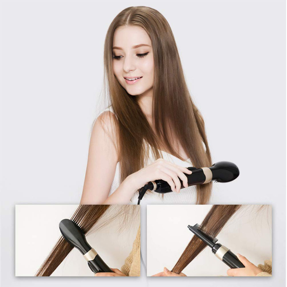 Eine Frau, die ihr langes braunes Haar mit einem schwarz-goldenen Haarstyling-Werkzeug stylt. Zwei inset-Bilder zeigen das Werkzeug in Gebrauch.