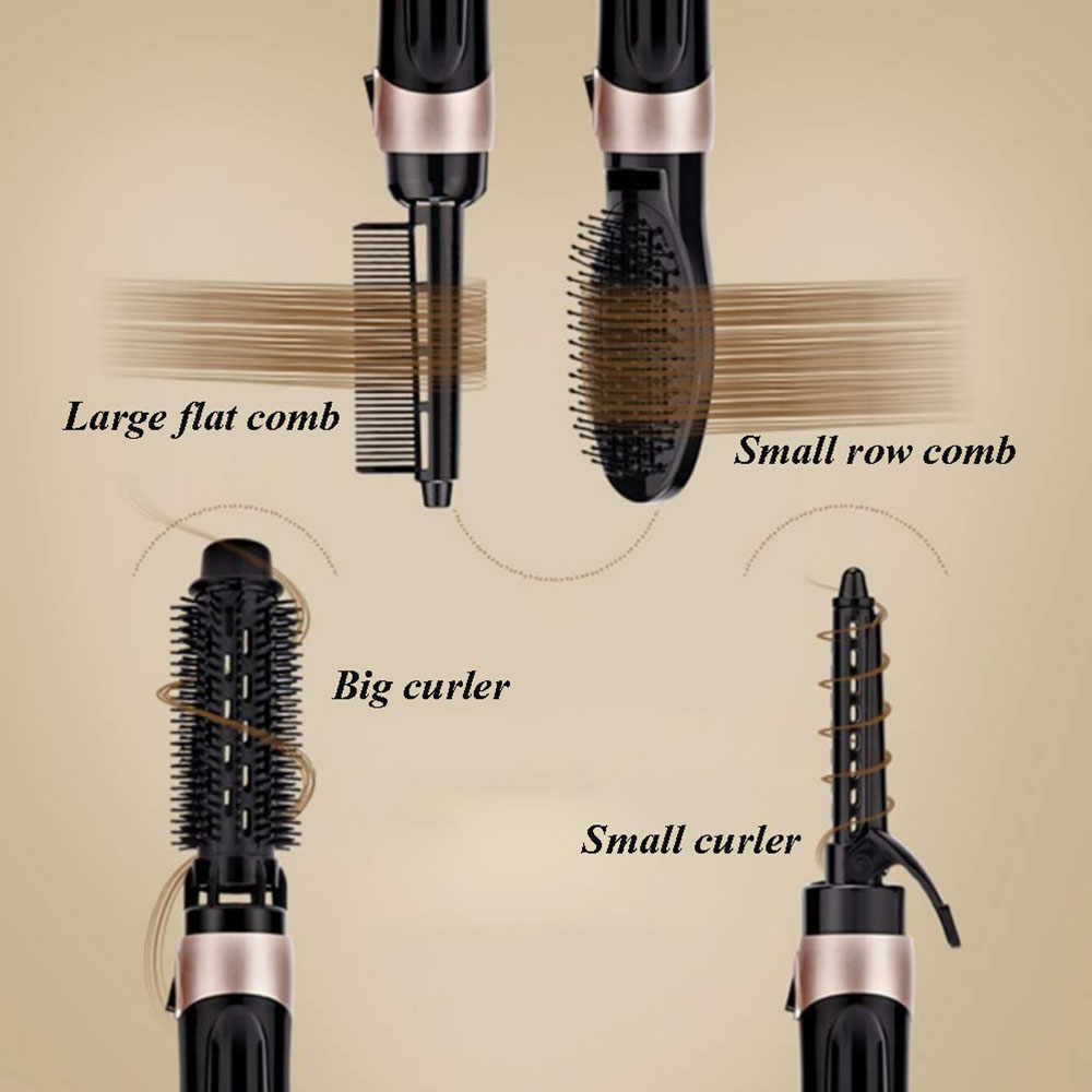 Das Bild zeigt Haarstyling-Werkzeuge: großer flacher Kamm, kleiner Reihenkamm, großer Lockenstab und kleiner Lockenstab. Alle sind schwarz und gold mit braunen Haarsträhnen.