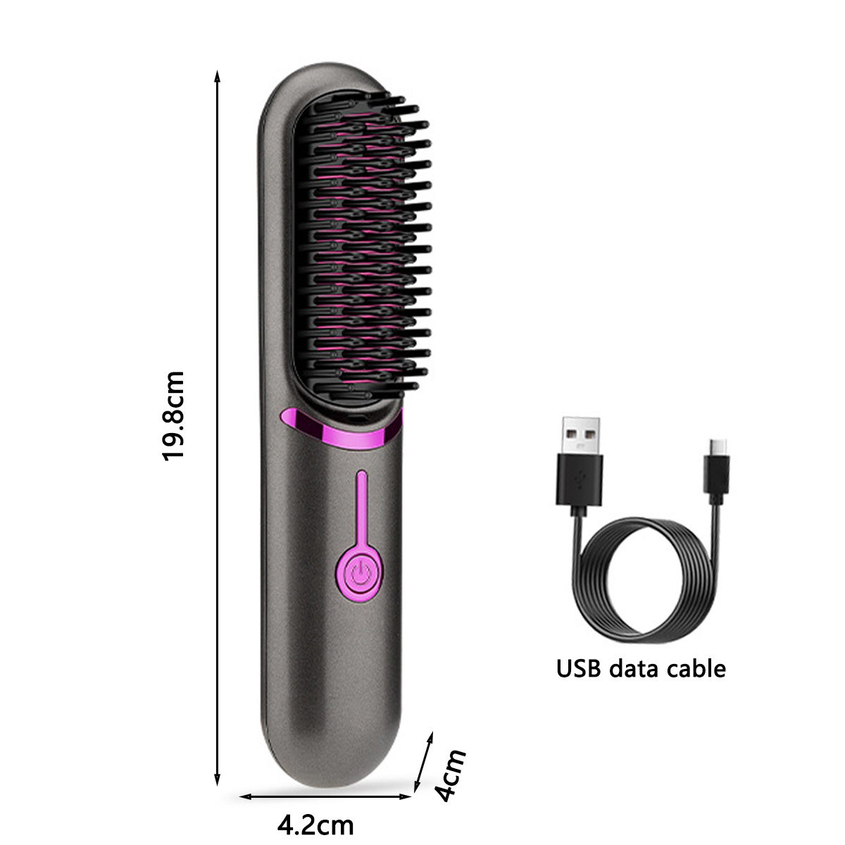 Eine graue Haarglättungsbürste mit rosa Power-Taste und USB-Datenkabel. Abmessungen sind angegeben. Der Hintergrund ist weiß.