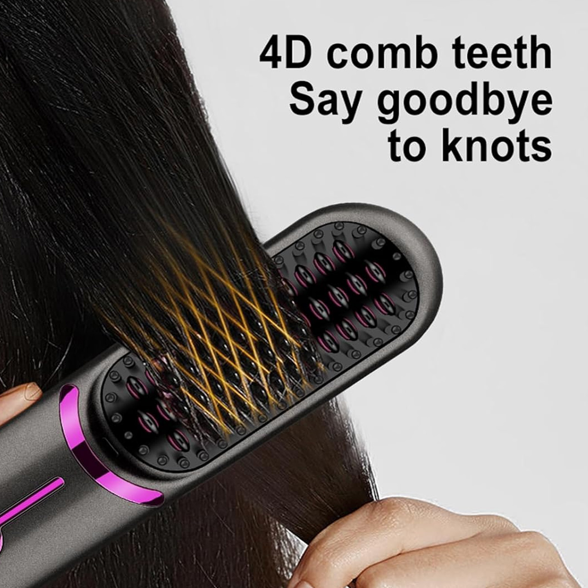 Ein Haarglätter bürstet durch schwarzes Haar. Text: '4D Kammzähne, Verabschieden Sie sich von Knoten'.