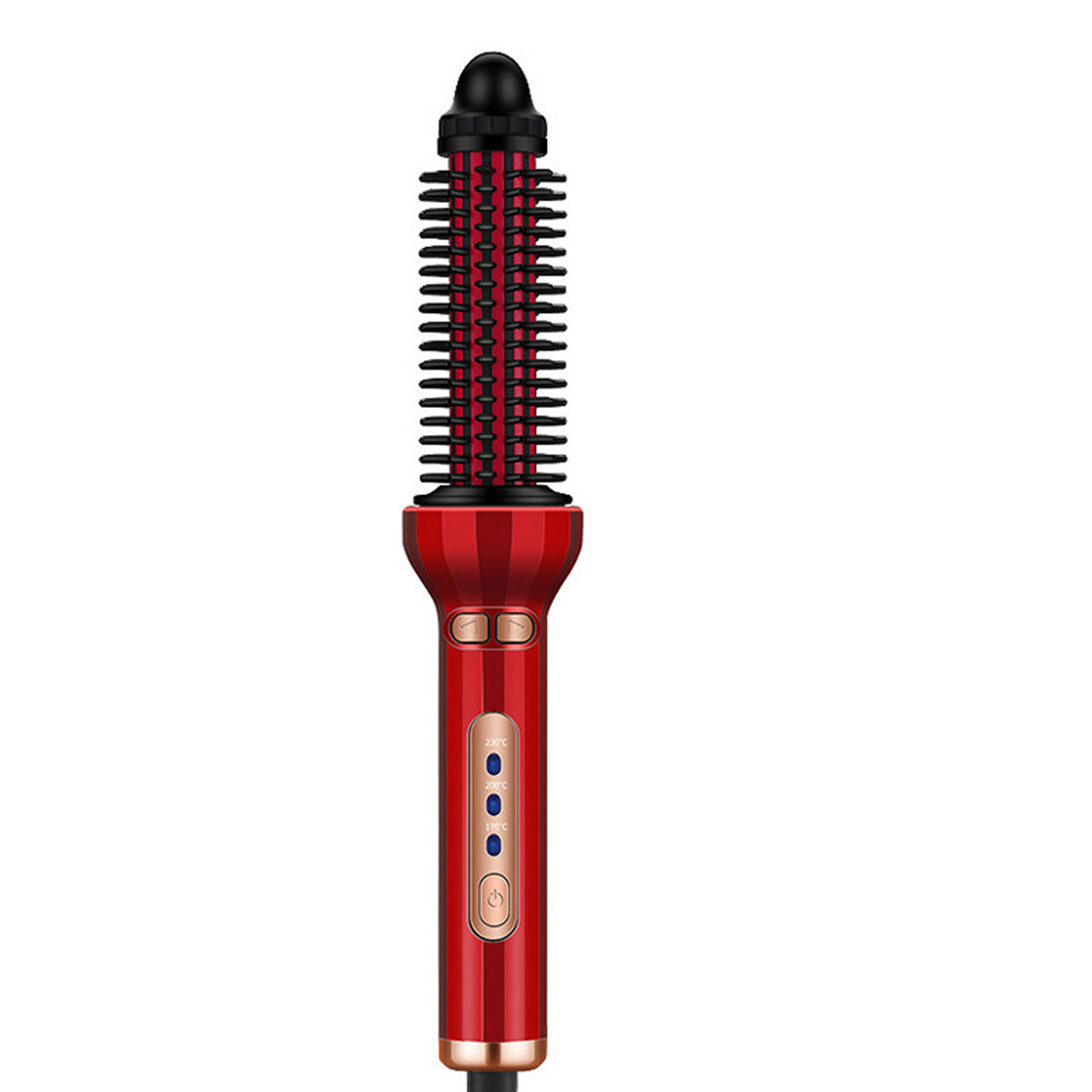 Eine rot-schwarze Haarkräuselbürste. Sie hat einen langen Griff mit Knöpfen und Lichtern. Der Bürstenkopf ist zylindrisch mit Borsten.