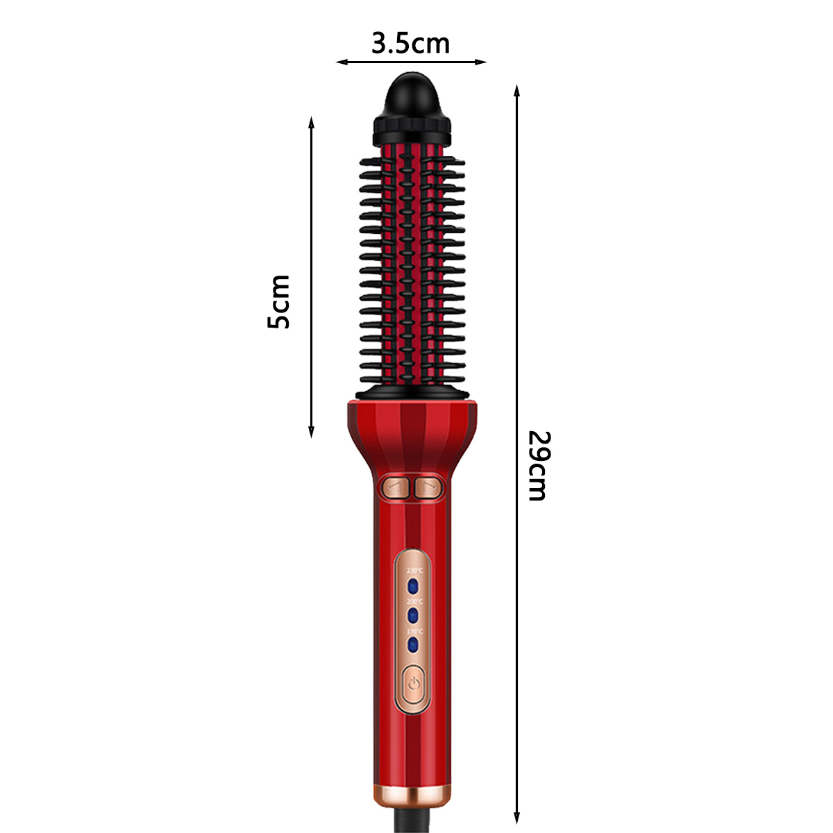 Rote Haarbürste mit schwarzen Borsten und Griff, 29 cm lang. Zeigt Temperatureinstellungen an. 3,5 cm breit und 5 cm Kopf.