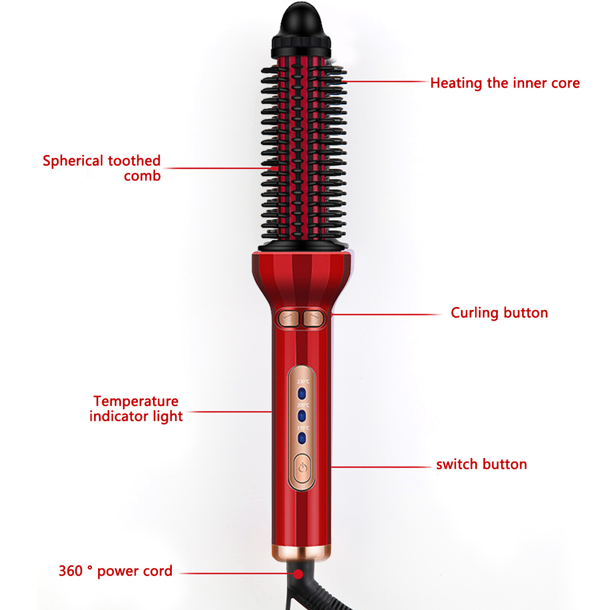 Roter Lockenstab mit kugelförmigem Kamm und Temperaturanzeige. Mit Knöpfen und einem 360°-Netzkabel.