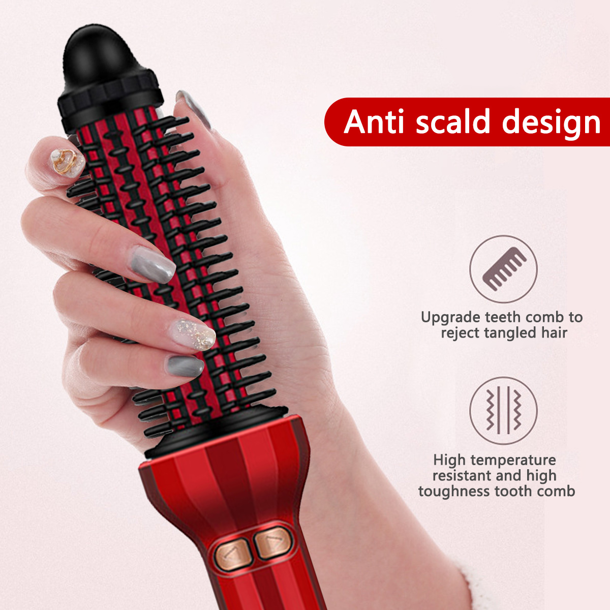 Eine Hand hält ein rot-schwarzes Haarstyling-Werkzeug. Der Text lautet 'Anti-Verbrühungs-Design' und hebt Kammmerkmale hervor.