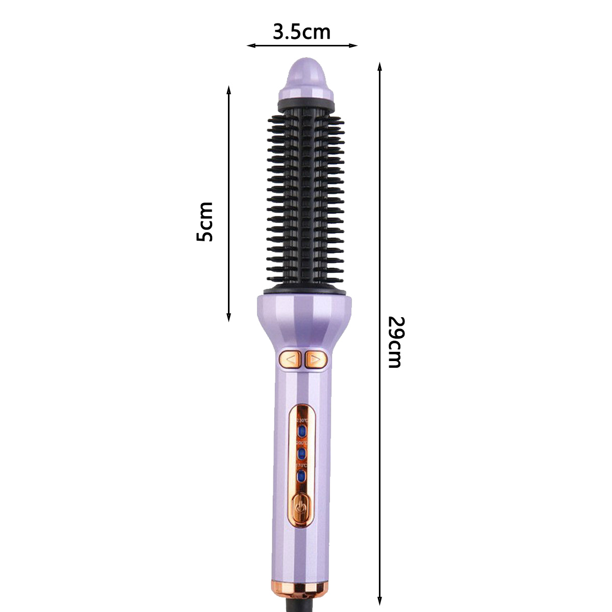 Eine lila-schwarze Haarbürste mit Markierungen: 29 cm, 5 cm und 3,5 cm. Sie hat Knöpfe und Temperatureinstellungen.