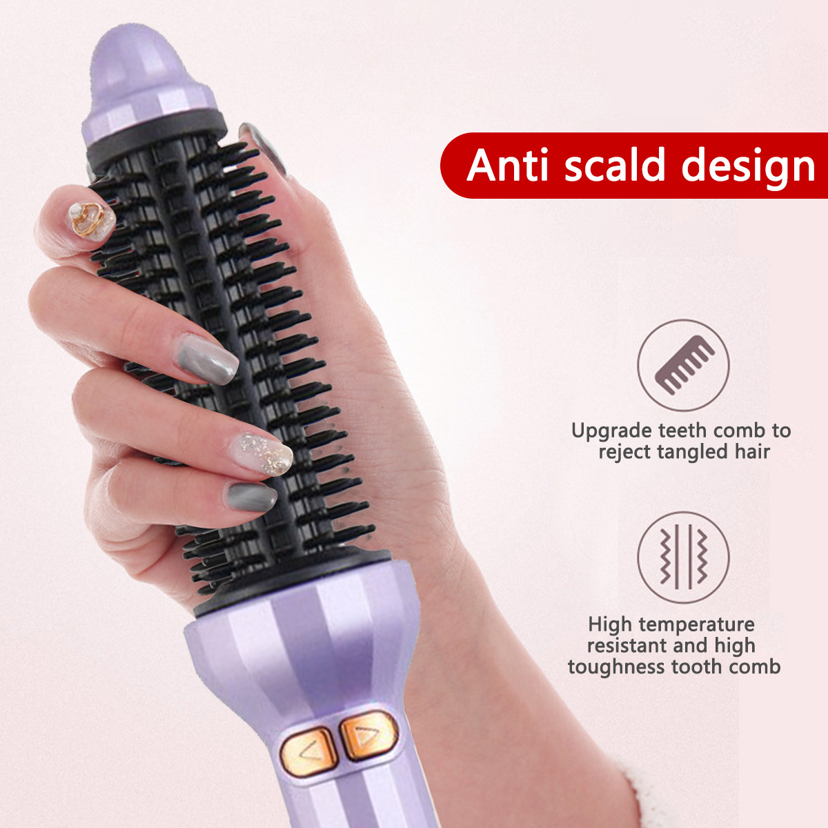 Eine Hand hält ein lila-schwarzes Haarstyling-Werkzeug. Der Text lautet 'Anti-Verbrühungs-Design' und hebt Kammmerkmale hervor.