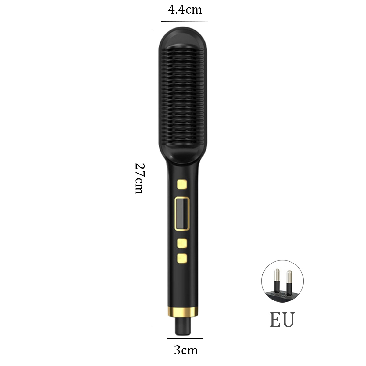 Ein schwarzer Haarglätter mit kammähnlichem Kopf. Maße: 27 cm lang, 4,4 cm breit. EU-Steckersymbol rechts.