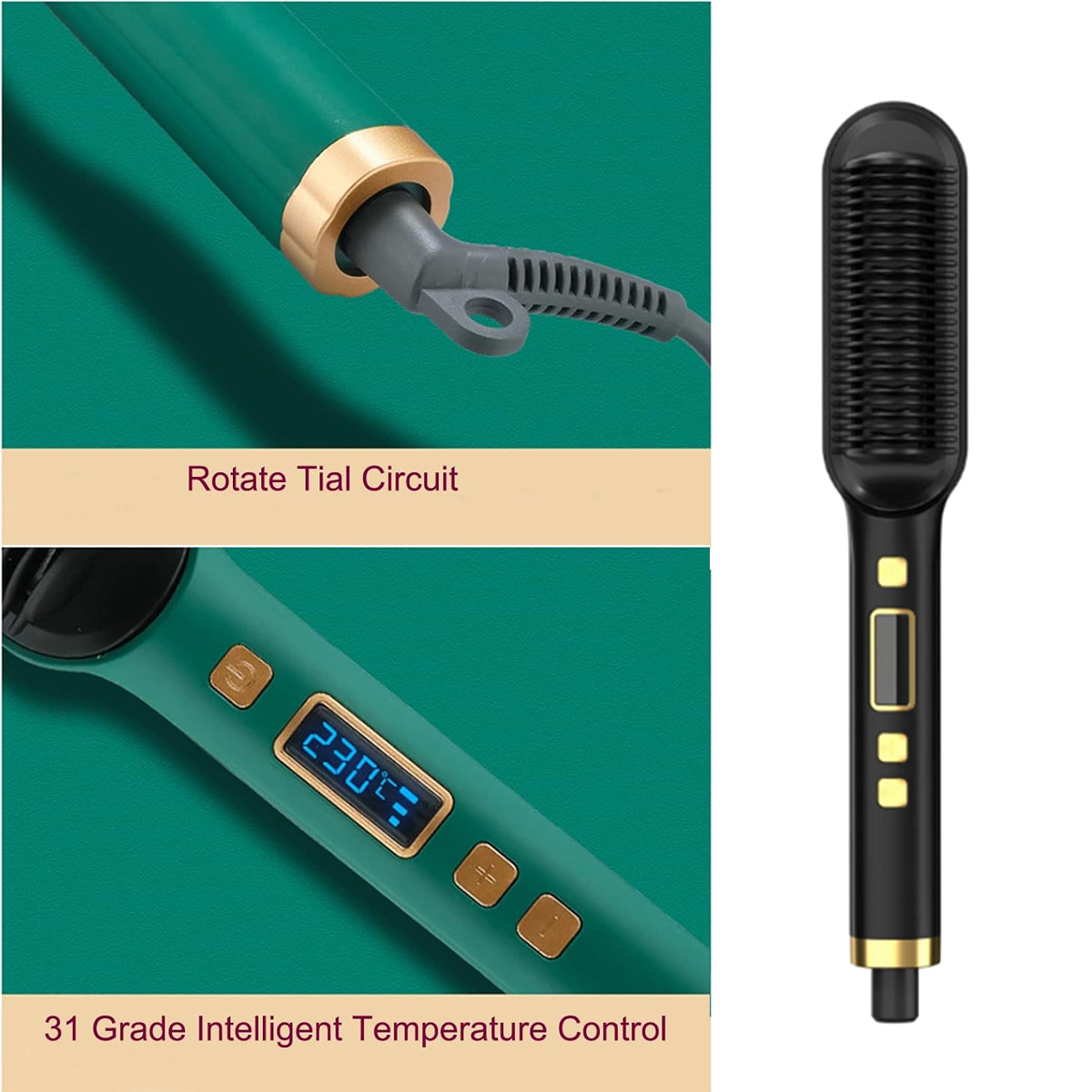Haarstyling-Werkzeug mit Digitalanzeige, die 230 Grad anzeigt. Verfügt über Temperaturregler und einen schwarzen Bürstenkopf.