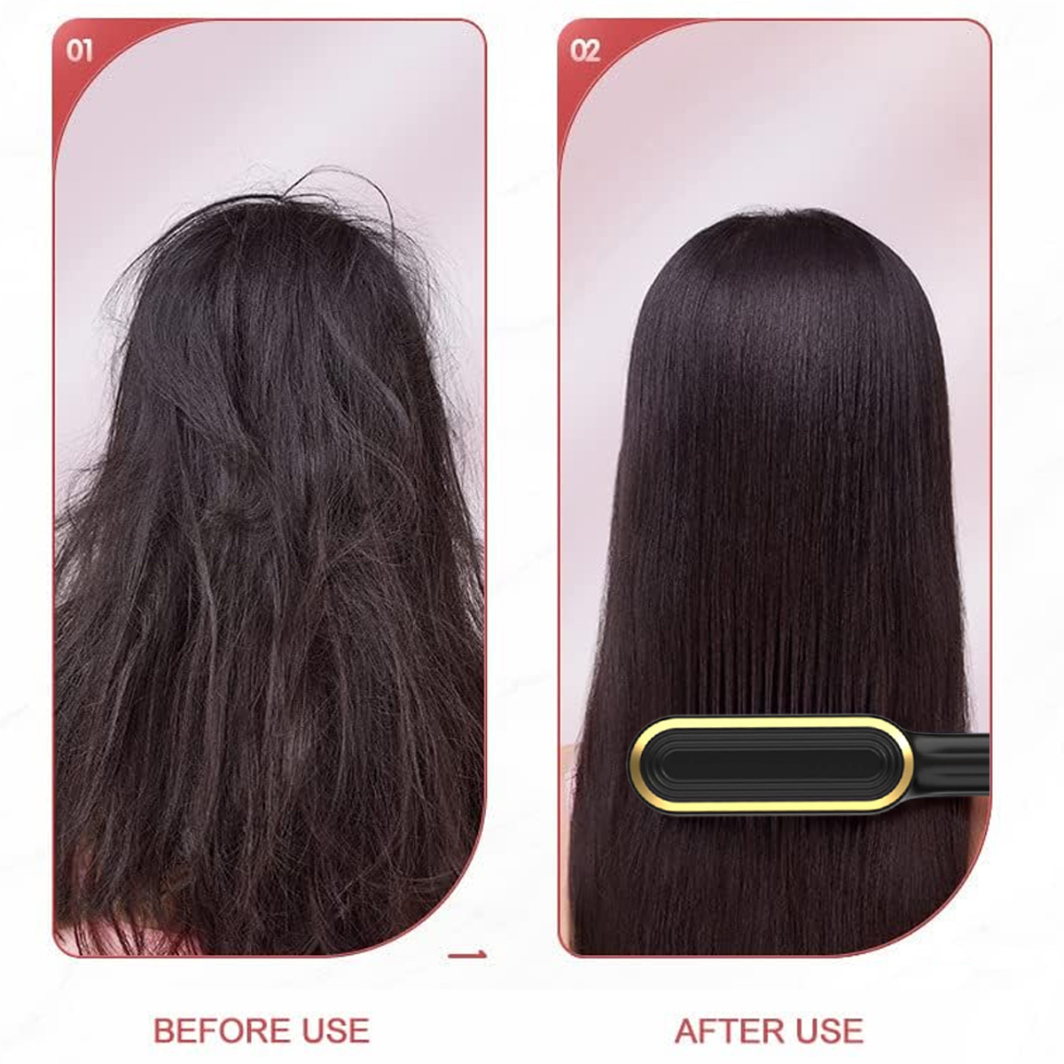 Das Bild zeigt Haare vor und nach dem Glätten. Vorher: krauses, verheddertes Haar. Nachher: glattes, glattes Haar mit einem Glätteisen.